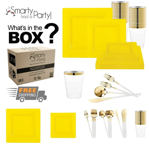 Smarty Yellow Square Disposable Plastic Tableware Set (60 Guests)