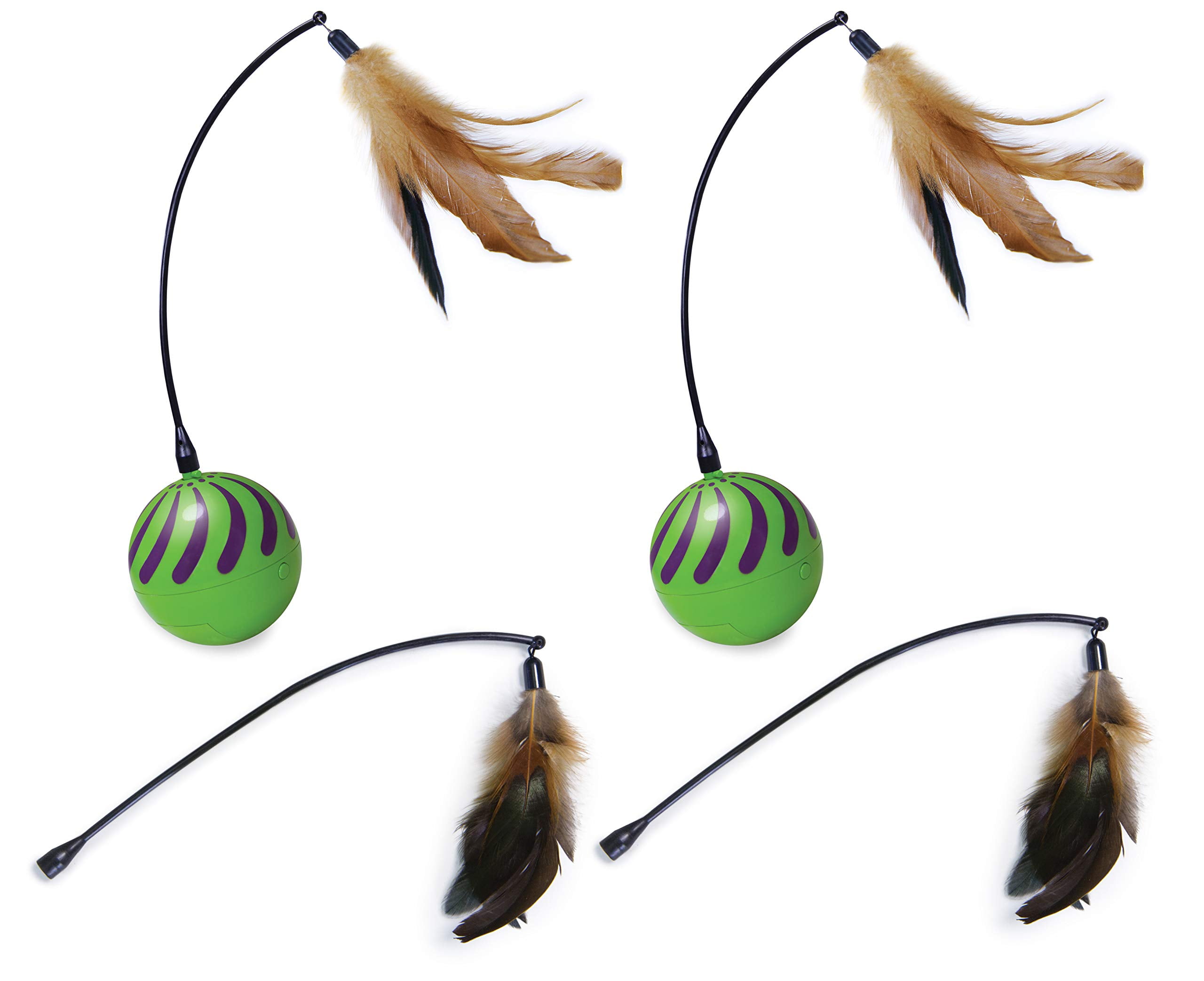 SmartyKat (2-Set) Feather Whirl Electronic Motion Wand Toys for Cats & Kittens, Includes x2 Extra Wands, Spinning, Battery Powered, Fun & Engaging Play, Encourages Exercise - Green, 2-Set