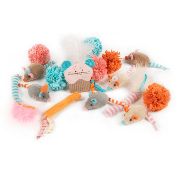 SmartyKat Birthday Bash Cat Toy Variety Pack, Fun & Festive Set for Cats Featuring Teasers, Rafia Balls & Plush Toys, Encourages Exercise, 16-Pieces
