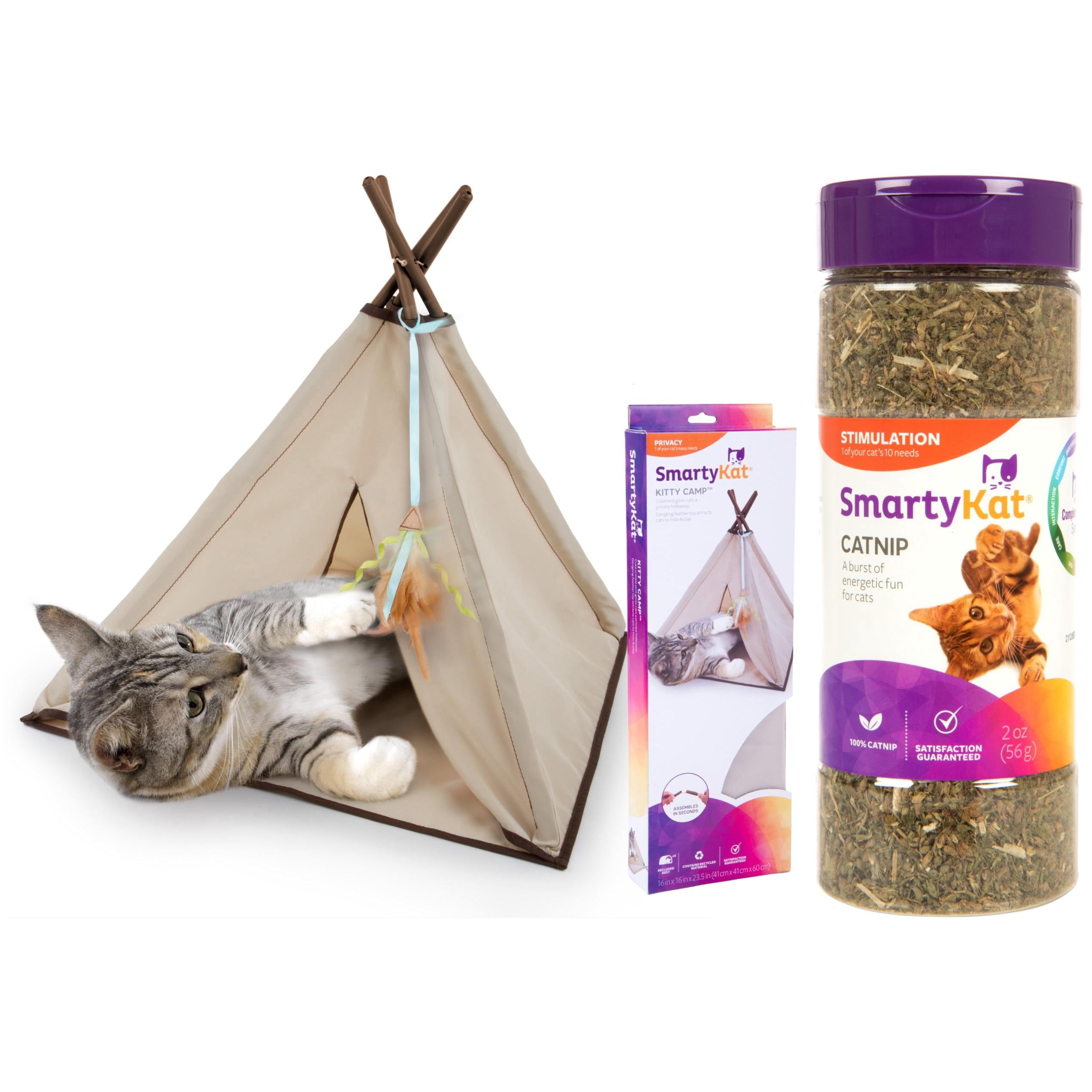 SmartyKat Cat Hideaway & Catnip Bundle, Kitty Camp Crinkle Collapsible Tent with Feather Toy & Pure & Potent 2 oz Shaker Catnip, 2-Piece