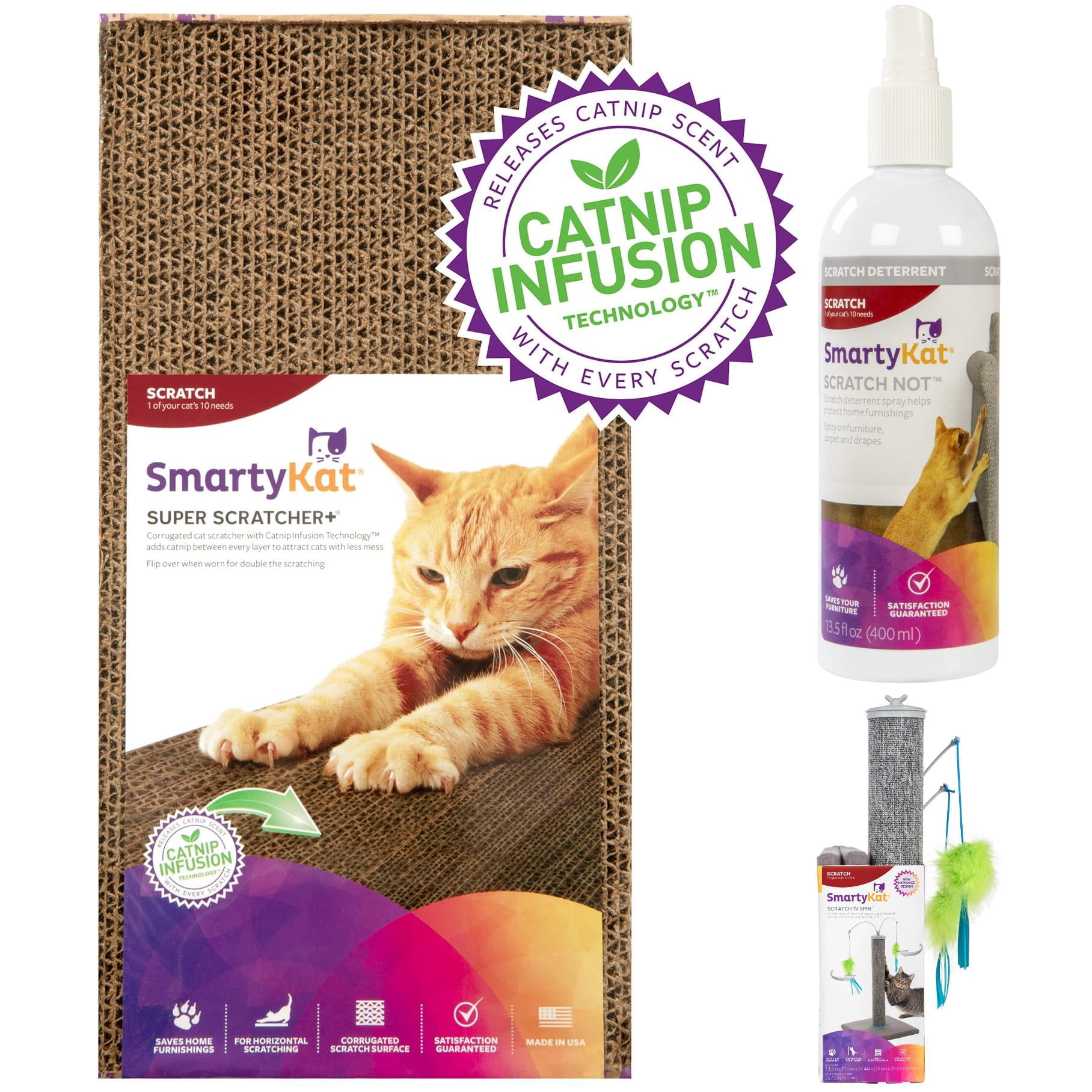 SmartyKat Cat Scratcher & Training Bundle, Super Scratcher+ Catnip Floor Pad, Scratch Not Spray & Scratch 'N Spin Post, 3-Piece