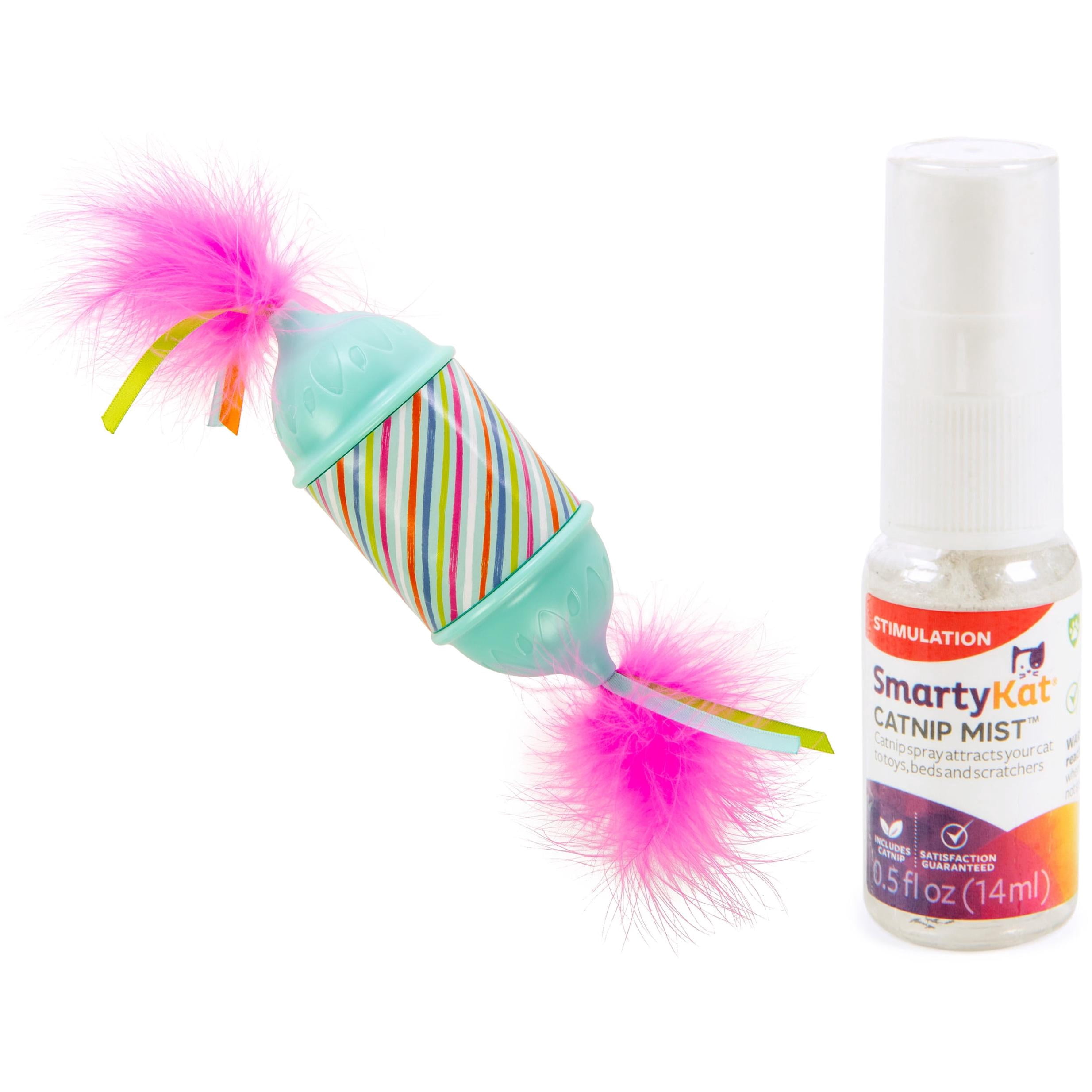 SmartyKat Catnip Cat Play Bundle, Skitter Critters Plush Mice 3-Pack, Catnip Mist Spray & Roll 'N Return Candy Self-Returning Motion Toy, 3-Piece