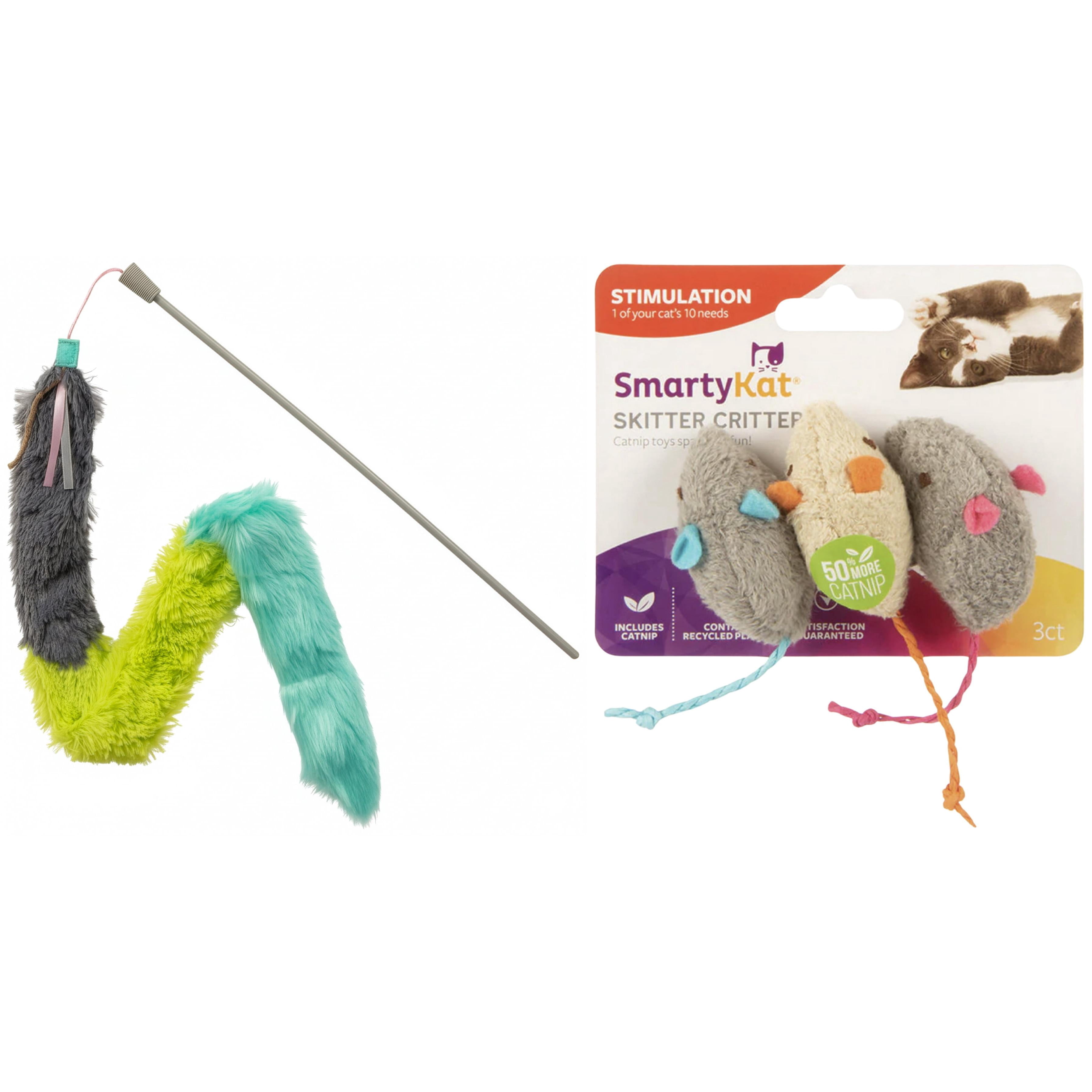 SmartyKat Catnip Cat Play Bundle, Skitter Critters Plush Mice 3-Pack, Crazy Catch 3-Part Breakaway Wand & Catnip Mist Spray, 3-Piece