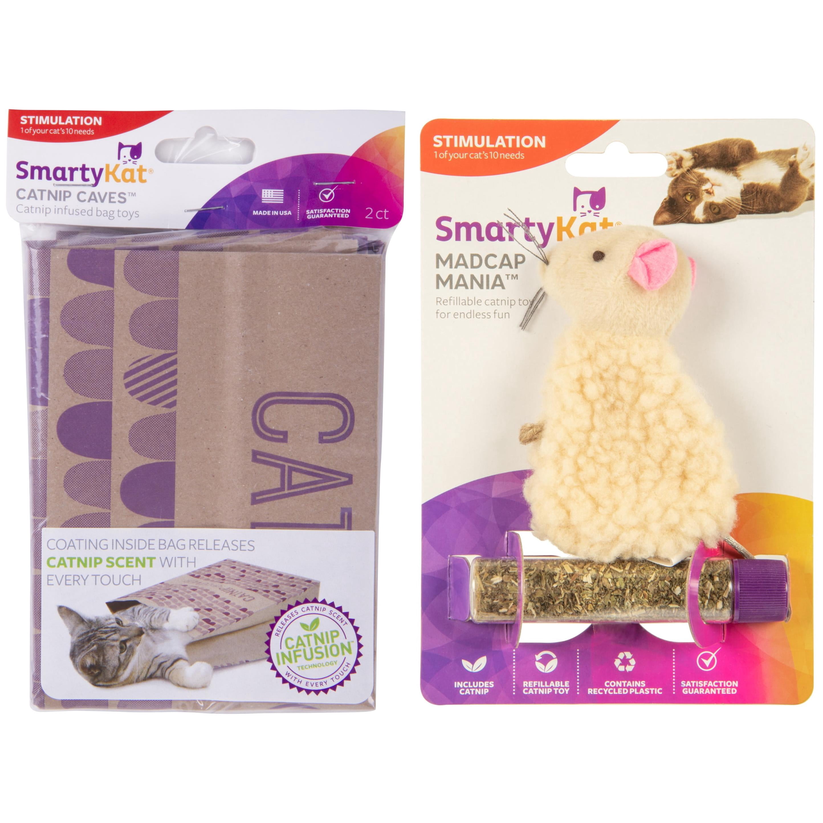 SmartyKat Catnip-Infused Cat Toy Bundle, Catnip Caves Crinkle Bag Hideaway Set of 2 & Madcap Mania Refillable Plush Mouse, 2-Piece