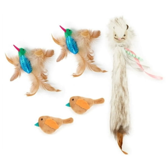 SmartyKat Happy Hunter (Set of 5) Electronic Sound Cat Toys, Soft Plush, Makes Realistic Bird Noises, 2 Hum Singers, 2 Chickadee Chirp, 1 Chit Chatter, Value Pack
