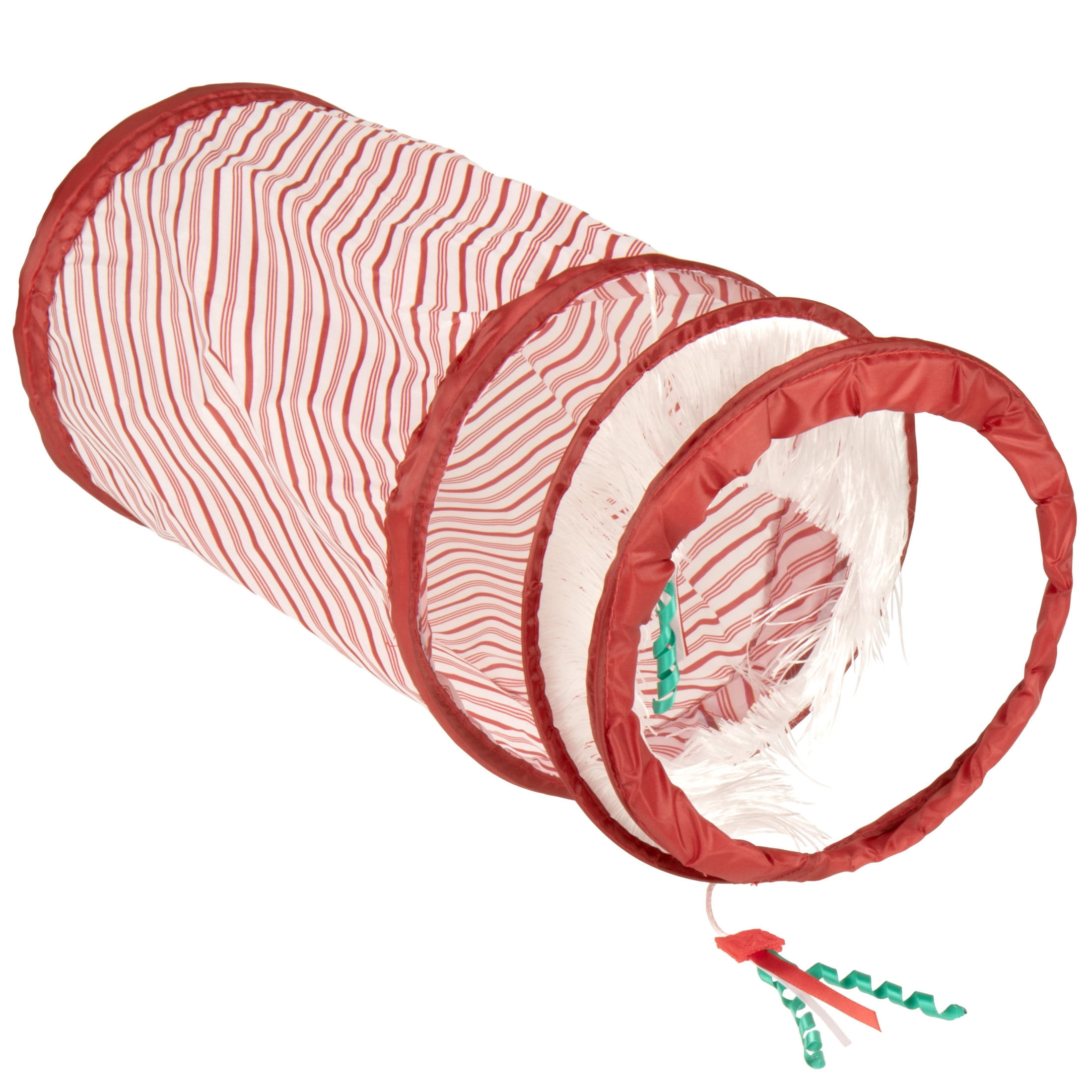 SmartyKat Holiday Fringe Frenzy Candy Cane Spring-Ended Tunnel Cat Toy with Fringe & Teaser Toys, 3 in 1