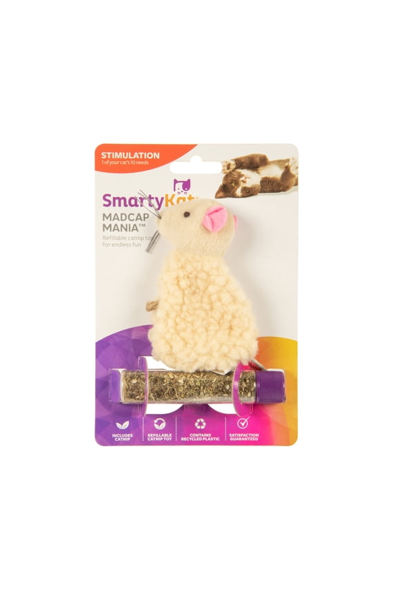 Madcap Mania Mouse, Soft Plush Catnip Cat Toy with String Tail, with Pure & Potent Catnip, Refillable & Durable