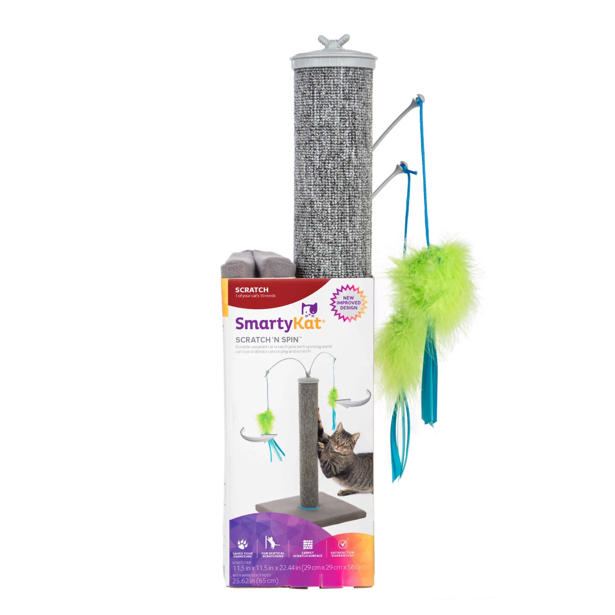 SmartyKat Scratch 'N Spin Cat Toy, Carpet Scratching Post, Interactive Spinning Wand, Multicolored