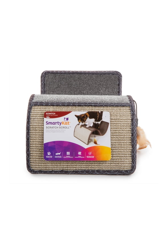 Scratch Scroll Sisal & Carpet Curled Cat Scratcher for Indoor Cats & Kittens, Features Feather Toy for Play, Looped Carpet Material, Gray
