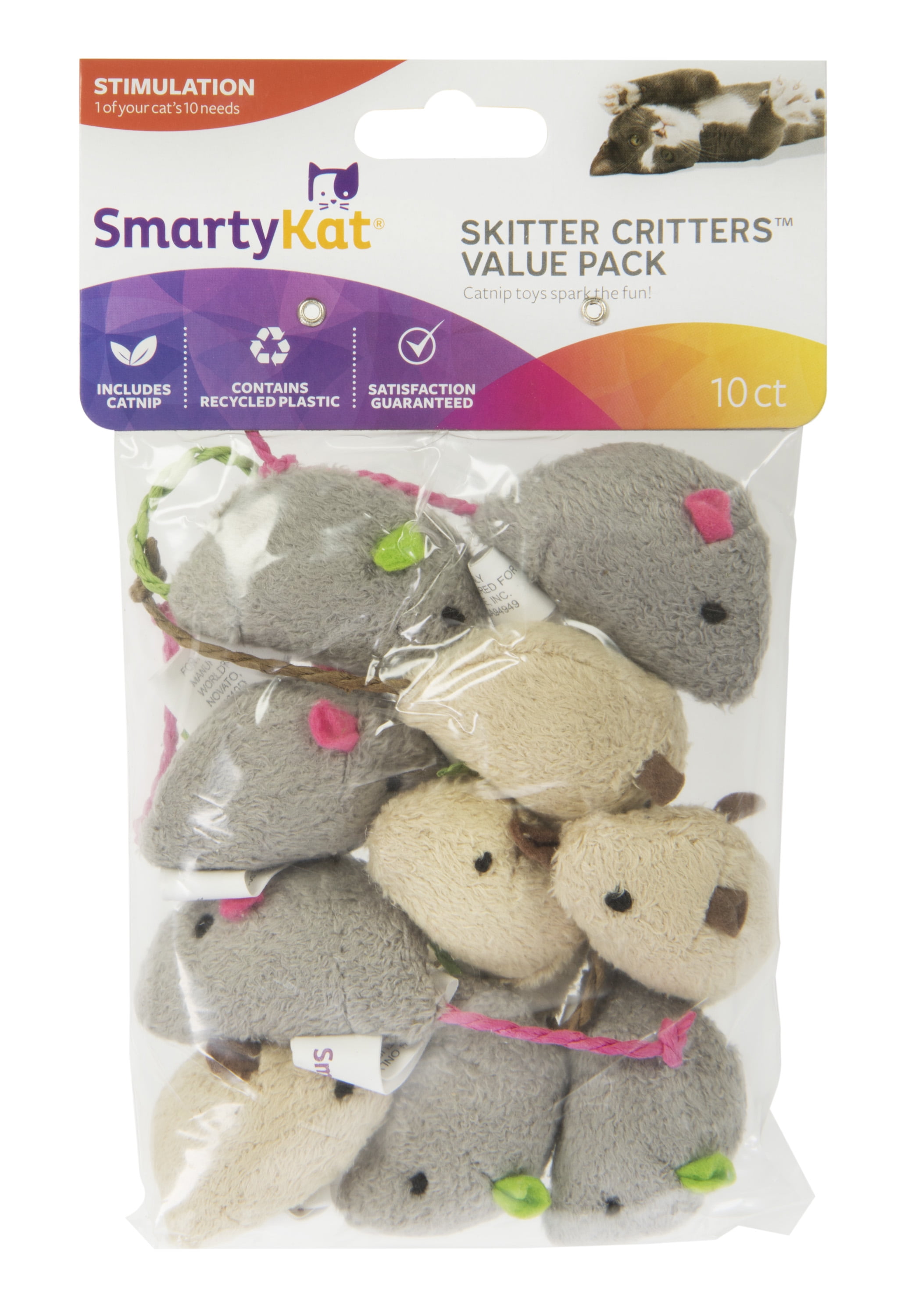 SmartyKat Skitter Critters Value Pack, Soft Plush Catnip Filled Mice Cat Toys, 10 Count