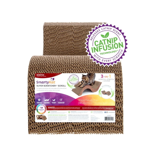 SmartyKat Super Scratcher & Scroll, Wide Corrugated Cat Scratcher for Indoor Cat & Kittens, Catnip Infusion Technology, Recycled Material, Brown