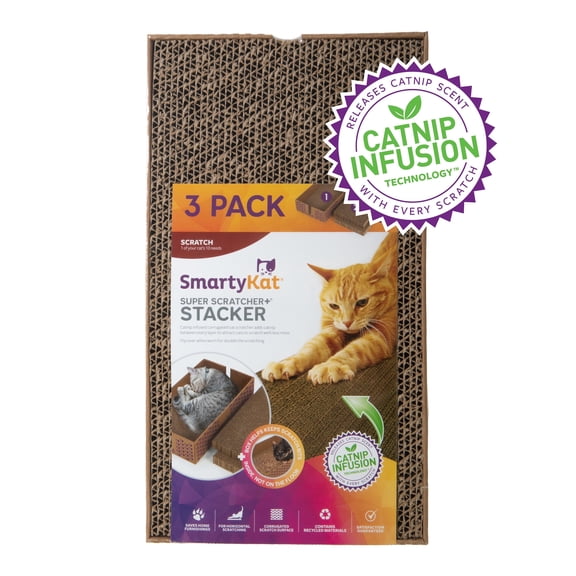 SmartyKat Super Scratcher & Stacker Box, Wide Corrugated Cat Scratcher for Cats & Kittens, Catnip Infusion Technology, Recycled Material, 3-Pack