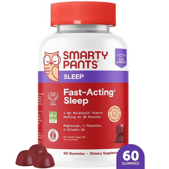 SmartyPants Adult Fast-Acting Sleep Gummies, 2mg Melatonin per Gummy, 60 Ct
