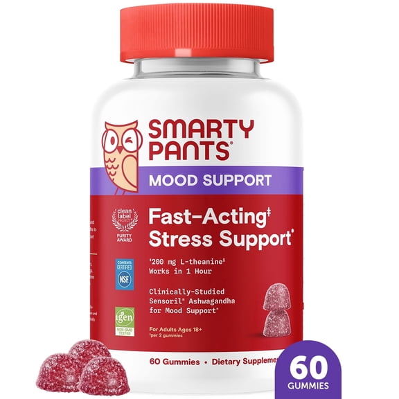 SmartyPants Adult Fast-Acting Stress Support Gummies with L-Theanine & Ashwagandha, 60 Ct