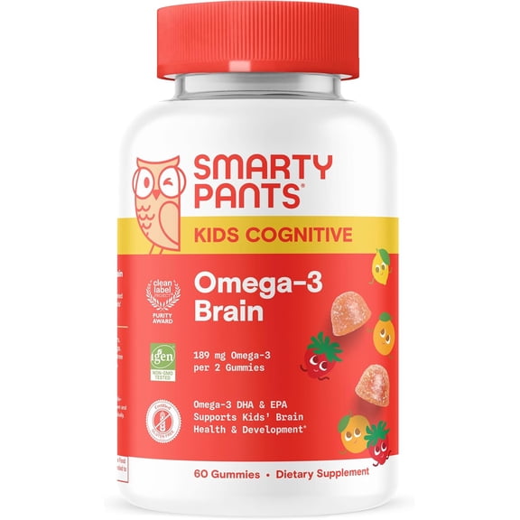 SmartyPants Kids Vitamins Cognitive Omega-3 Brain Gummies with DHA & EPA, Citrus Strawberry, 60 Count (30 Day Supply)