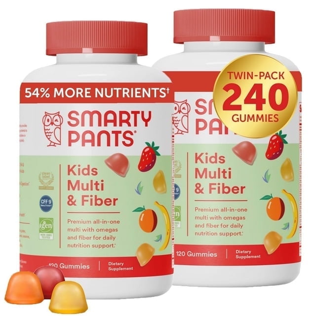 SmartyPants Kids Fiber Gummies Multivitamin with Omega 3s, 120 Ct (2-Pack)