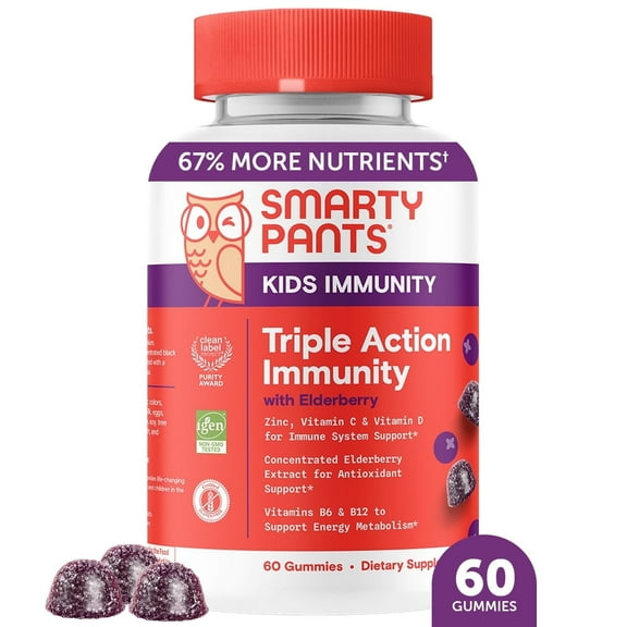 SmartyPants Kids Immunity Elderberry Gummies + Zinc, Vitamins C, D, B6 & B12, 60 Ct