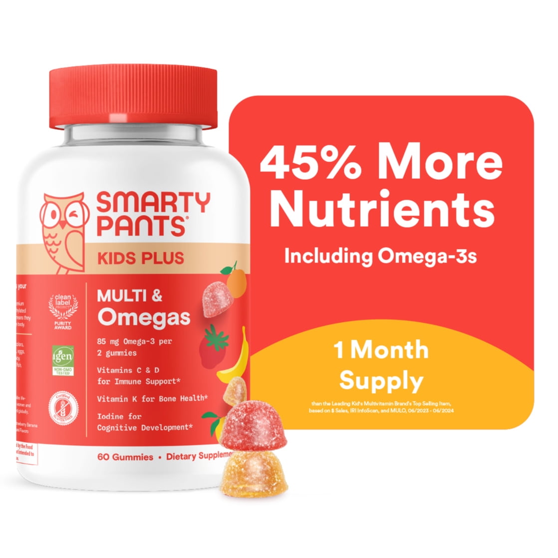 SmartyPants Kids Plus Multvitamin & Omega 3 Gummies Supplement with Vitamins C, D3, B12, Zinc, 60ct