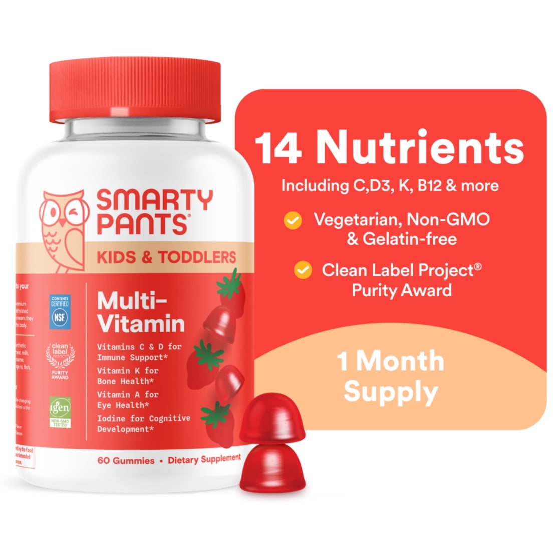 SmartyPants Kids & Toddler Multivitamin Gummies, Wellness Supplement for Kids, Vitamin C, B12, 60 ct