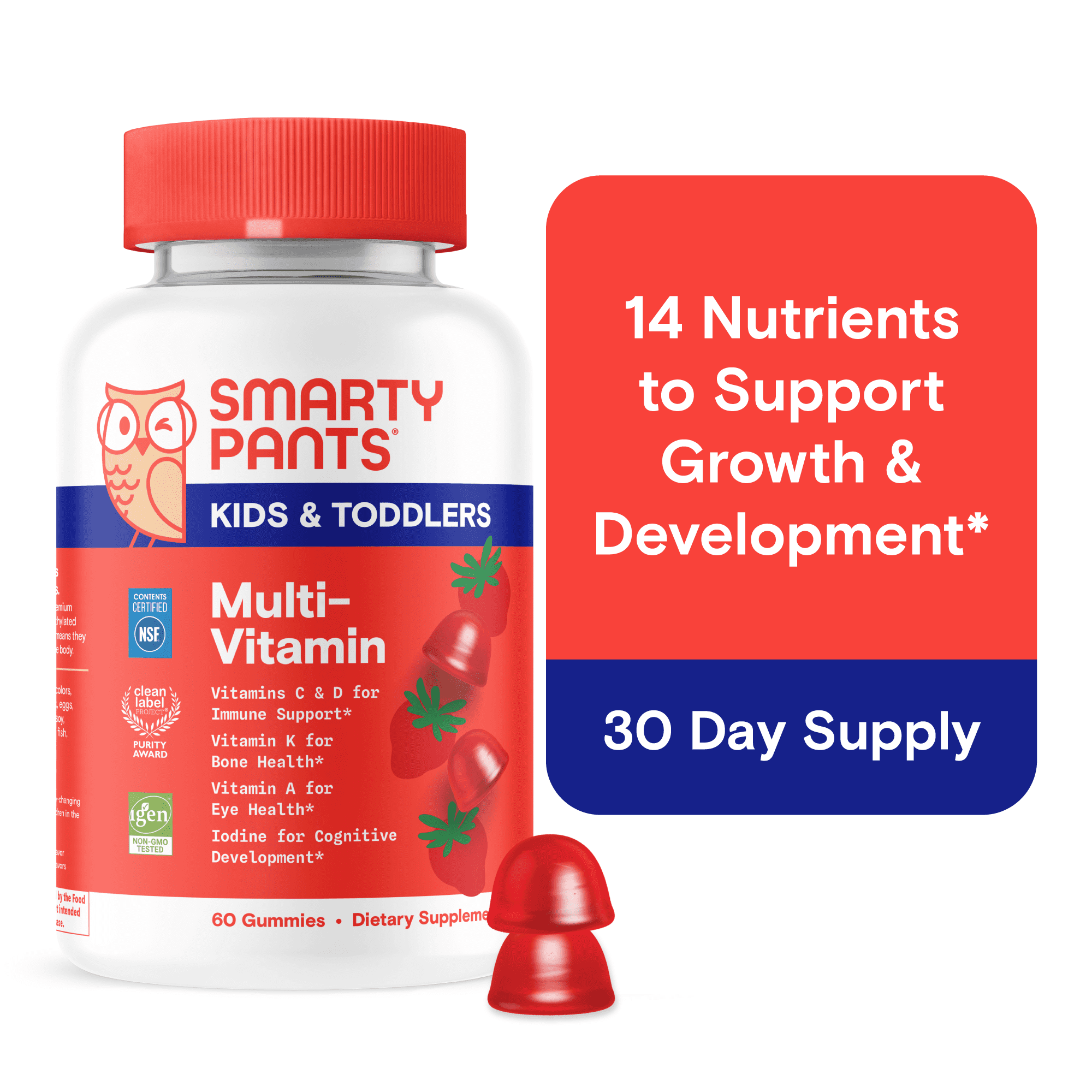 SmartyPants Kids & Toddler Multivitamin Gummies, Kids Vitamins with Vitamin D3 for Immune Support, B12 & Folate, 14 Nutrients, 60 Count