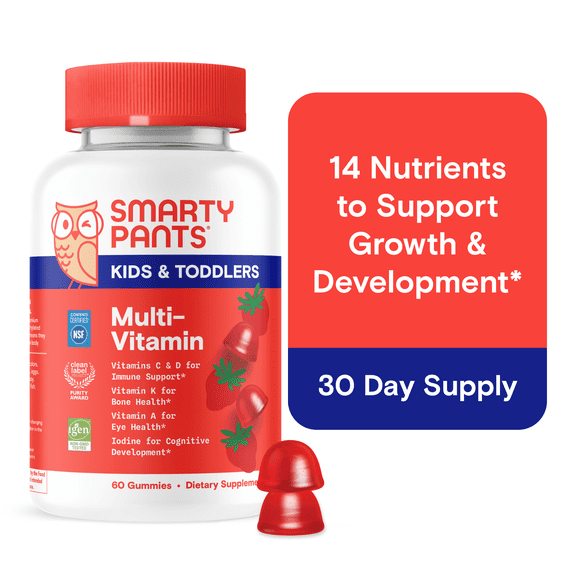 SmartyPants Kids & Toddler Multivitamin Gummies, Kids Vitamins with Vitamin D3 for Immune Support, B12 & Folate, 14 Nutrients, 60 Count