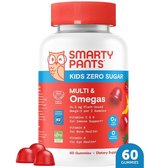 SmartyPants Kids Zero Sugar Multi & Omega Gummies, New Look & Improved Formula, 60 Ct