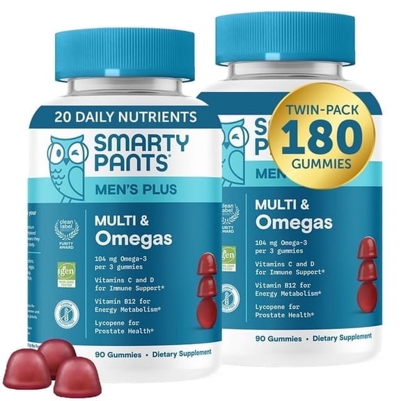SmartyPants Men's Plus Multi & Omega-3 Gummies 2-Pack, Improved Formula, 50% Less Sugar, 90 Ct Ea