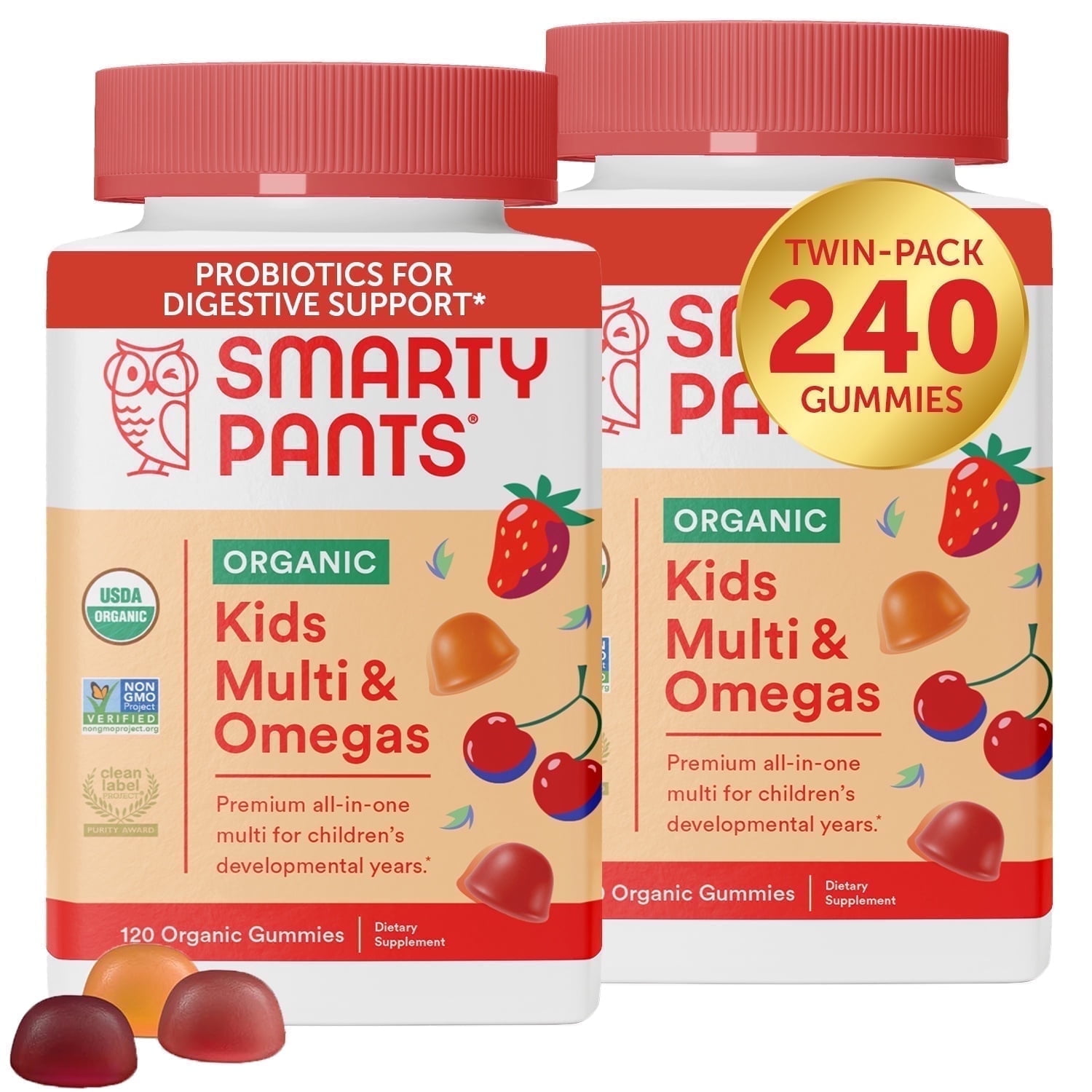 SmartyPants Organic Kids Multivitamin Probiotic Gummies, 120 Ct (2-Pack)
