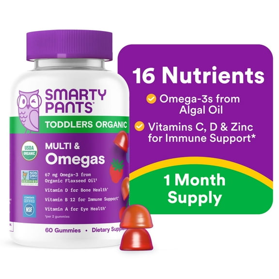 SmartyPants Toddler Organic Multi & Vegetarian Omega 3 Gummy Vitamins with D3, C & B12 - 60ct