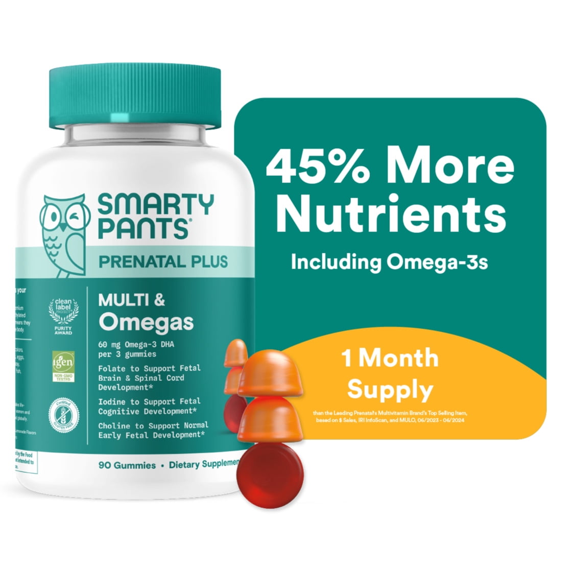 SmartyPants Prenatal Plus Multivitamin & Omega 3 Gummies, Methylfolate, Vitamins D3, B12, Zinc, 90ct