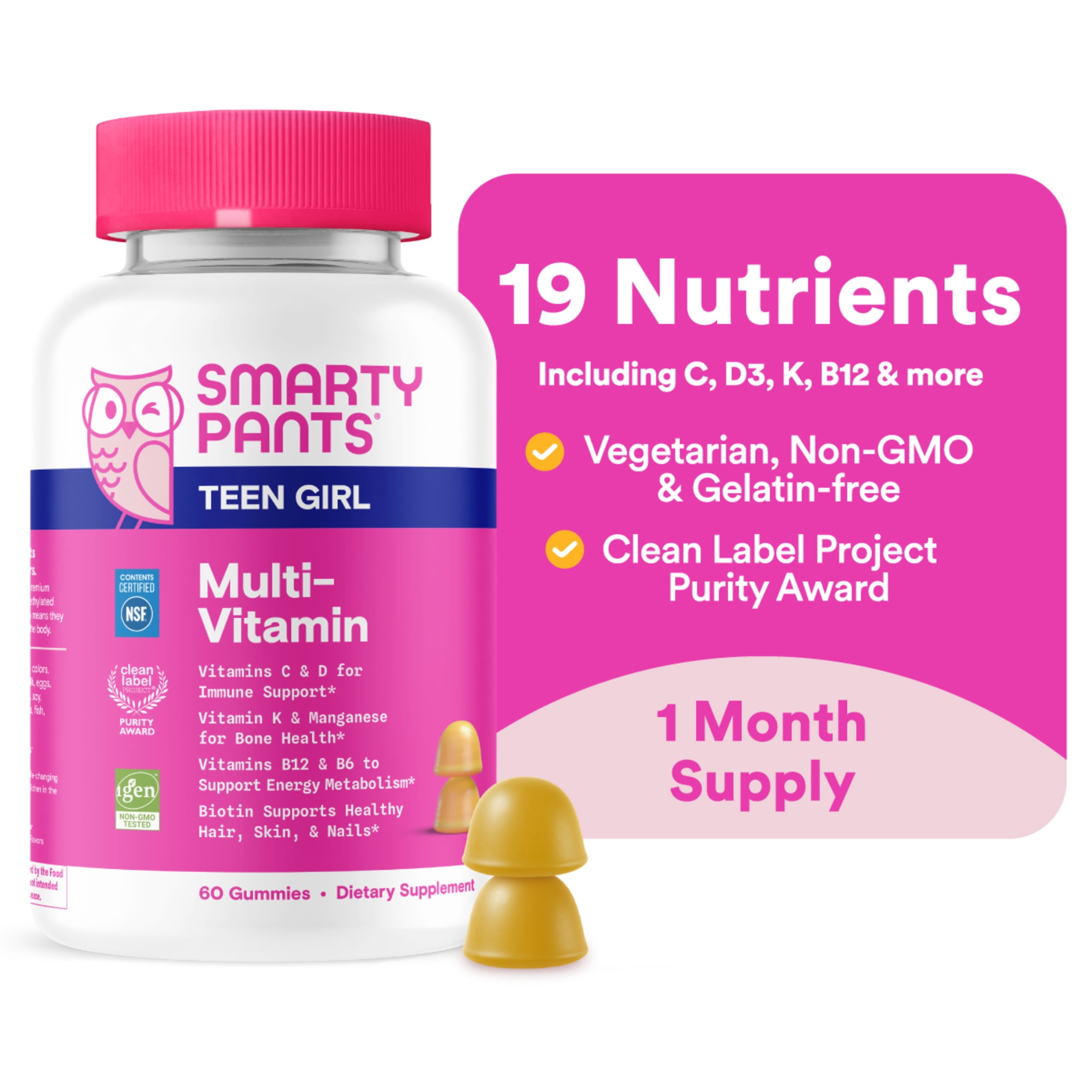 SmartyPants Teen Girl Multivitamin Gummies Biotin, Wellness Supplement for Teens with Biotin 60 Count