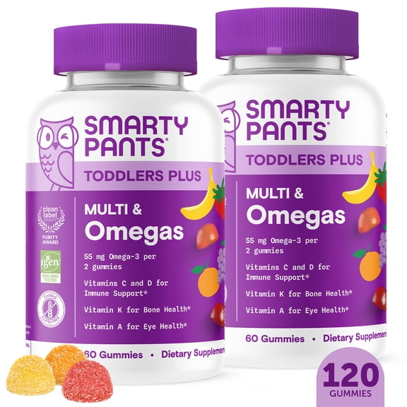 SmartyPants Toddlers Plus Multi & Omega-3 Gummies 2-Pack, Improved Formula, 25% Less Sugar, 60 Ct Ea