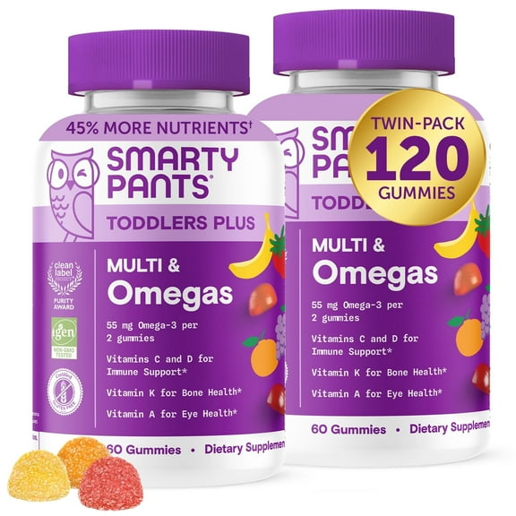 SmartyPants Toddlers Plus Multi & Omega-3 Gummies 2-Pack, Improved Formula, 25% Less Sugar, 60 Ct Ea