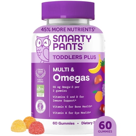 SmartyPants Toddlers Plus Multi & Omega-3 Gummies, Improved Formula, 25% Less Sugar, 60 Ct Ea