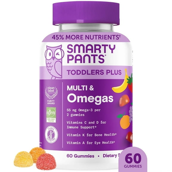 SmartyPants Toddlers Plus Multi & Omega-3 Gummies, Improved Formula, 25% Less Sugar, 60 Ct Ea