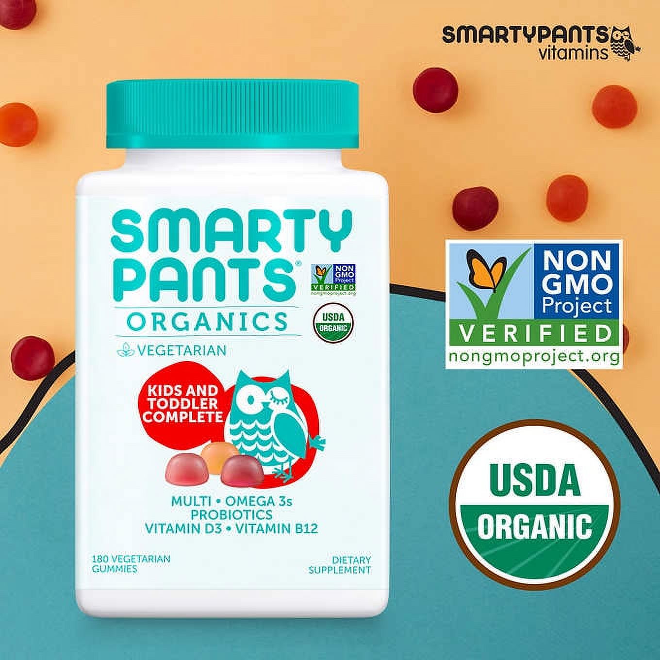 SmartyPants USDA Organic Kids & Toddler Complete Multivitamin, 180 Vegetarian Gummies - image 1 of 2