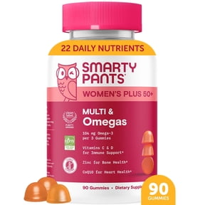 SmartyPants Women's Plus 50+ Multi & Omega-3 Gummies, Improved Formula, 33% Less Sugar, 90 Ct