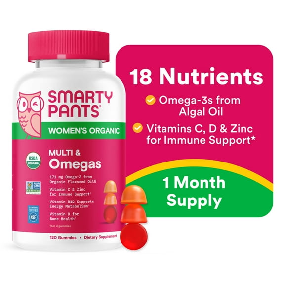 SmartyPants Women's Organic Multi & Vegetarian Omega 3 Gummy Vitamins with D3, C & B12 - 120ct