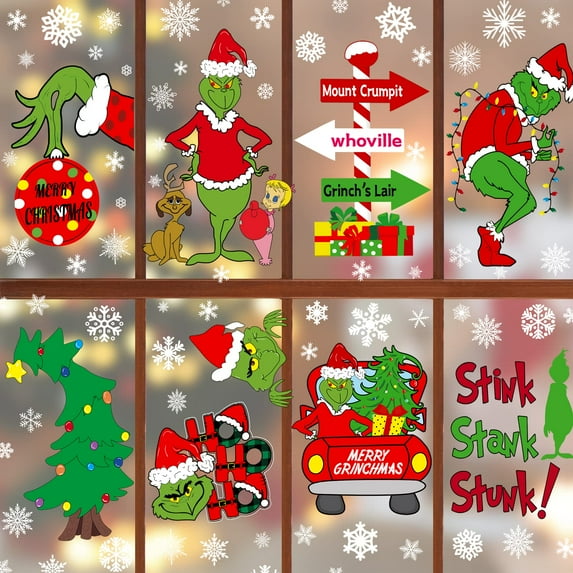 Smasener 5sets 45Sheets Grinch Window Clings,Double Sided Elf Snowflake Merry Christmas Window Cling Glass Window Holiday Xmas Winter Window Sticker Decal Christmas Decor Glass Mirror Home Office