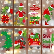 Smasener 8Sheets Grinch Window Clings,Double Sided Elf Snowflake Merry Christmas Window Cling Glass Window Holiday Xmas Winter Window Sticker Decal Christmas Decor Glass Mirror Home Office Classroom