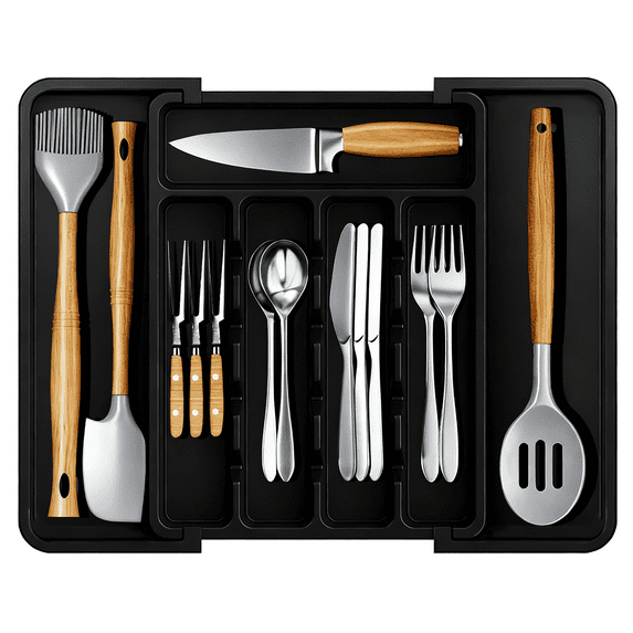 Smasener Large Silverware Drawer Organizer, Adjustable Flatware and Cutlery Organizer, Expandable Cutlery Tray for Spoons Forks Knives for Kitchen, Large, Black