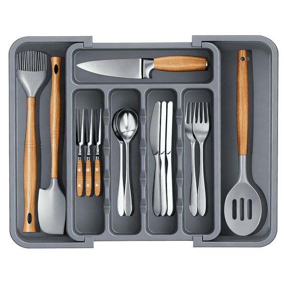 Smasener Large Silverware Drawer Organizer, Adjustable Flatware and Cutlery Organizer, Expandable Cutlery Tray for Spoons Forks Knives for Kitchen, Large, Gray