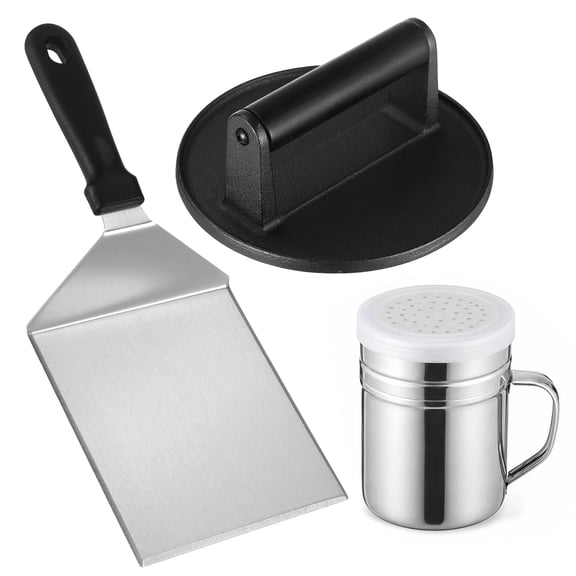 Cast Iron Burger Press Set, 3 Pcs Smashed Burger Kit with 6.3 in Flat Bottom Meat Smasher, 12.4 x 5.1 in Large Spatula and Dredge Shaker, Griddle Accessories Kit for Outdoor Grilling BBQ Cooking