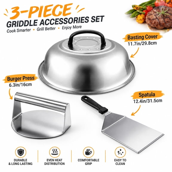 Smash Burger Kit with Melting Dome, Stainless Steel Burger Press and Spatula Set, Grilling Accessories for Flat Top Grill, Hamburger Patty Maker Tool for BBQ