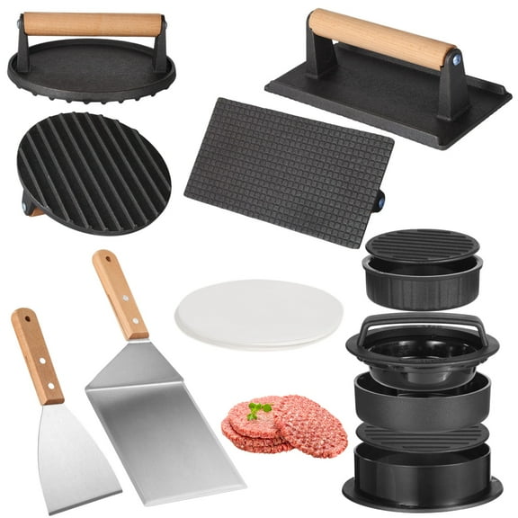 Smash Burger Press BBQ Kit, Round & Rectangular Cast Iron Press, 3 in 1 Patty Maker, Beveled Shovel, 100 Sheets Baking Paper for Griddle Cooking Burger Making