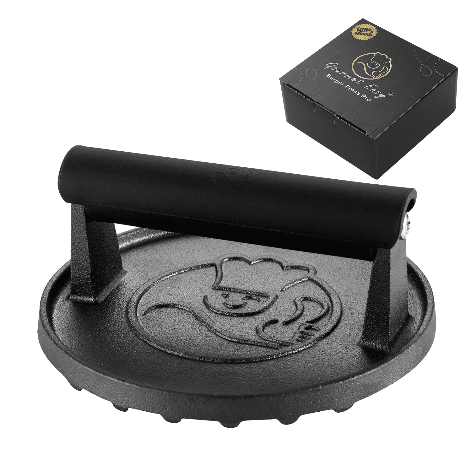 Heavy Duty Black Cast Iron Round Burger Press with Heat Resistant Handle