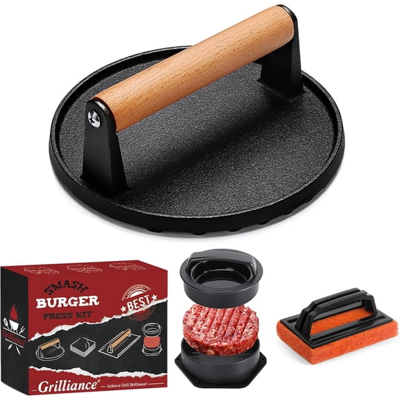 Smash Burger Press Kit, 3 in 1 Hamburger Press Patty Maker, Dark Black Cast Iron Burger Press, Cleaning Pad Set for Grill, Griddle, Flat top, Kitchen, Cooking