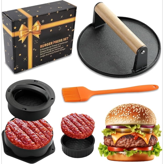 Smash Burger Press Kit - 4 in 1 Hamburger Patty Storage Containers,6.69" Round Cast Iron Smash Bacon Press- Non Stick Smash Burger Press Set for Grill and Griddle Cooking