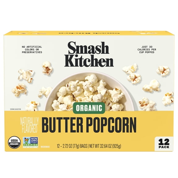 Smash Kitchen Organic Non-GMO Microwavable Naturally Flavored Butter Popcorn, 12 pack