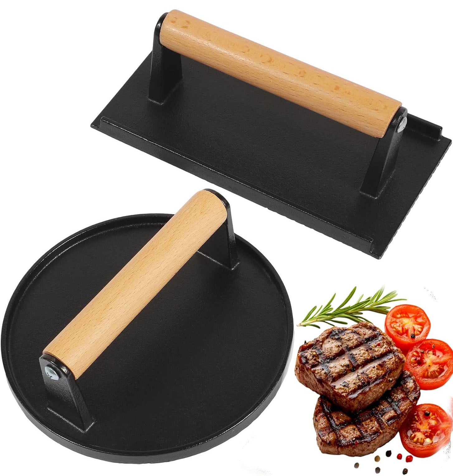 Smash burger press, 7" round and 8.2"X4.3" rectangular heavy duty cast iron smash bacon press steak press with wooden handle for grill pans, sandwiches, panini, non stick pans